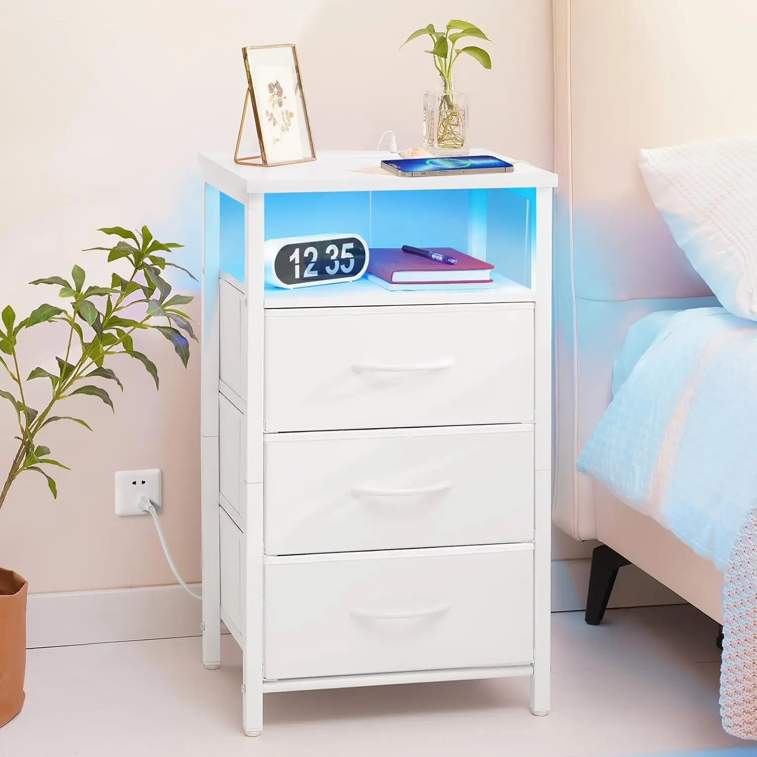 White Nightstand with Charging Station, LED Lights, USB Ports, Outlets, and 3 PU-Finished Fabric Storage Drawers, Indoor Furniture Bedside Table