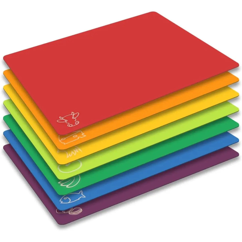 7-Piece Color-Coded Flexible Plastic Chopping Board Mats with Food Icons, BPA-Free, Non-Porous, Non-Slip Back, Dishwasher Safe Kitchen Chopping Board Set for Cooking