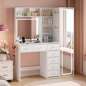 CollaredEagle Full Length Mirror Vanity Desk Organize Cosmetics with RGB Drawers Transparent Top Charging Storage Shelf 10 Shelves White Bedroom Beauty Furniture Makeup Station