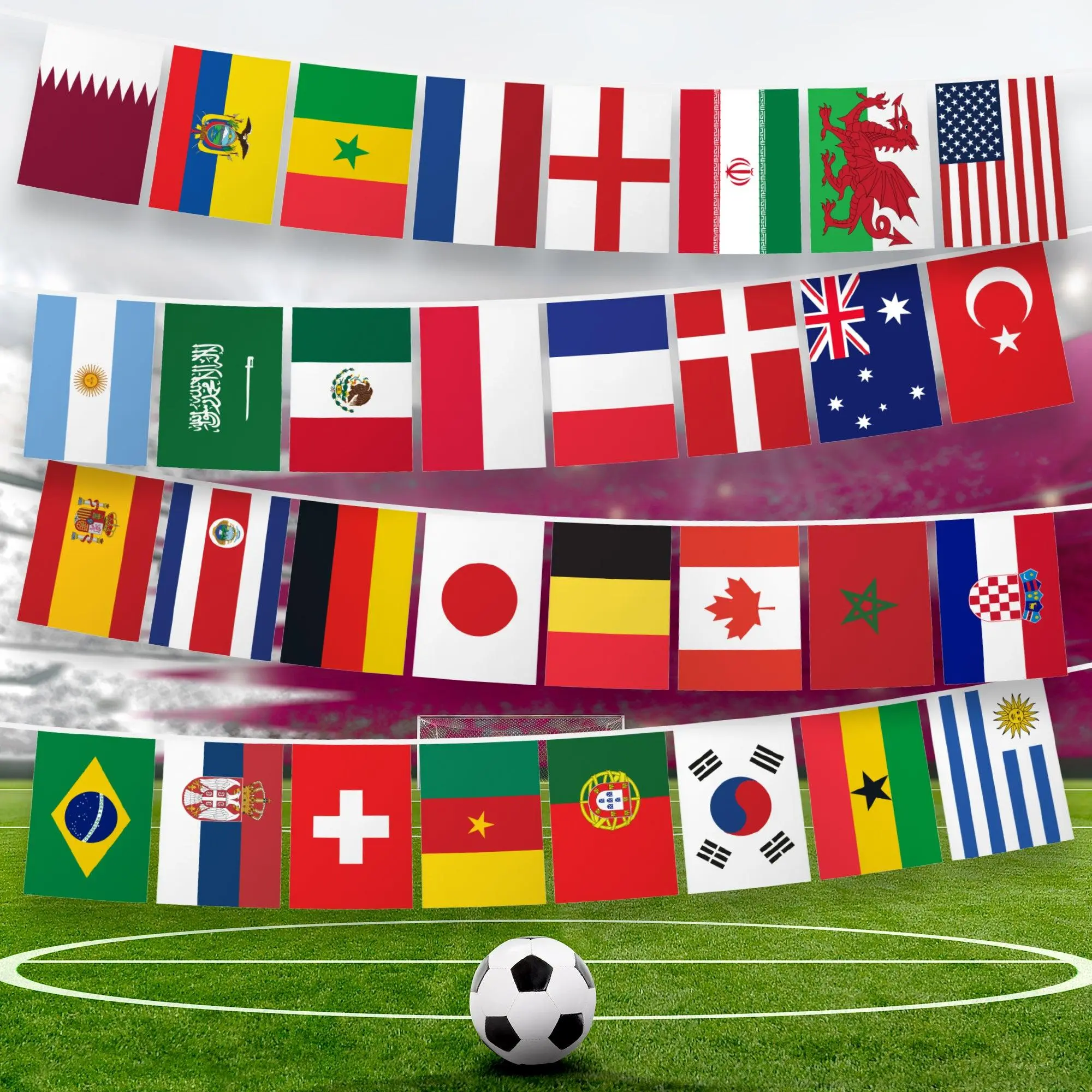 G128 Soccer Tournament Bunting Banner Decorations | 32 Country Flags, 8.2 x 5.5 Inch, 33 Feet String | LiteWeave Pro Series Printed 150D Polyester | Party Decor for Sports Events, Fan Celebrations