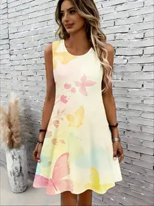 women's round neck sleeveless dress Butterfly Floral Watercolor Pastel Print Pattern Design print light and breathable fresh and sweet style leisure vacation, date outfit party summer casual flower sexy