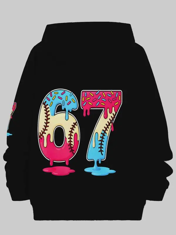 Unisex Streetwear Hoodie, Men's Sporty 67 Donut Baseball Graphic Sweatshirt, Soft 100% Cotton Pullover for Fall & Winter, Menswear, Long Sleeve, Casual, Knitted, Sweatshirts, Breathable