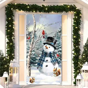 Winter Snowman and Cardinals 36x72in Christmas Door Cover, Wonderland Tree Glitter Porch Banner Holiday Party Decorations