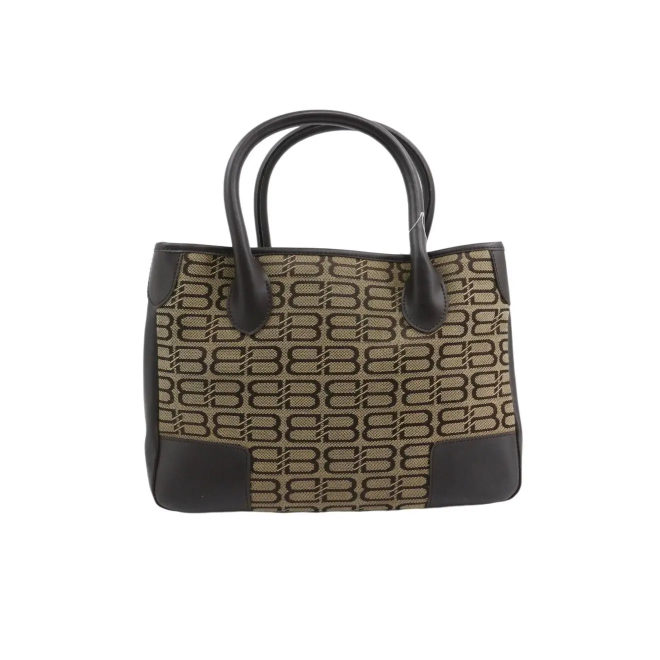 Pre-owned Balenciaga Canvas Shoulder Bags BB Monogram Tote Bag Shoulder Bag with Gold Metal Plate, 12 14 Inches Width, Dark Brown Leather Handles
