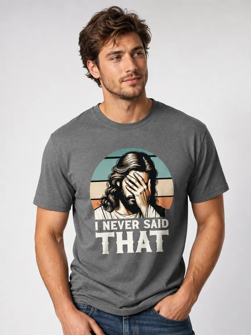 Men's Short-Sleeve Round Neck Graphic Tee - Menswear Casual Tee, "I Never Said That" Facepalm Jesus Retro Vintage Top