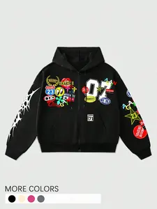 Men's Loose Decorated Fleeced Sweatshirt Zip Up Sweatshirt, Men's Hoodie, Casual Tops for Daily Wear, Men's Outwear for Back to School