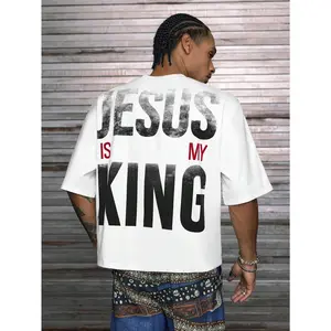 【Order Size Up】Jesus Is My King Printed Patchwork Oversized V-Neck Short Sleeve T-Shirt, Multi Sizes For Men, Streetwear Fit