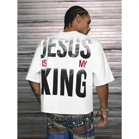 【Order Size Up】Jesus Is My King DealsForYouDays Printed Patchwork Cropped V-Neck Short Sleeve T-Shirt, Multi Sizes For Men, Streetwear Fit