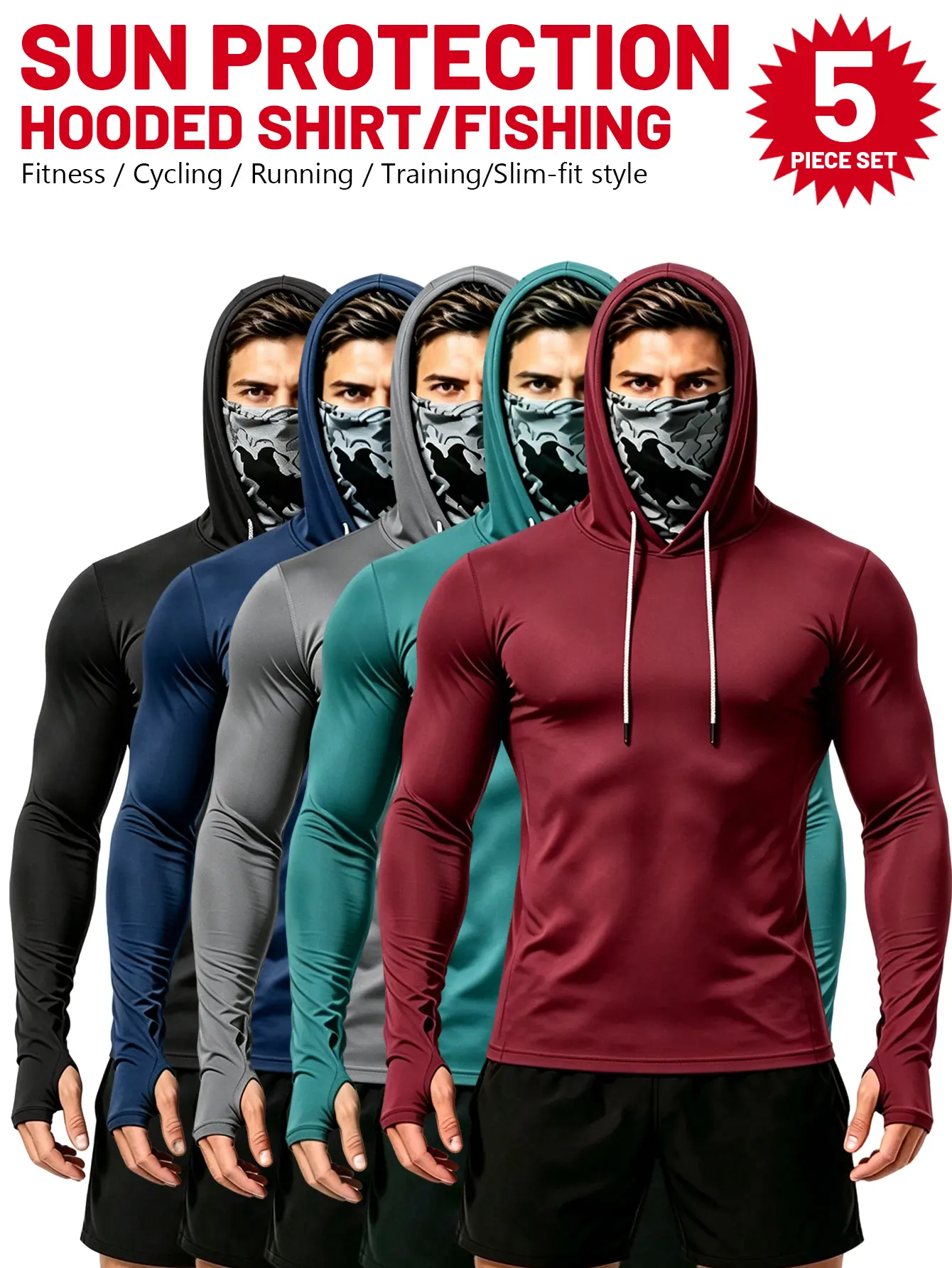 5-Piece Men's Compression Slim Fit Hoodie Pullovers with Built-in Camo Face Mask, UPF Sun Protection Long Sleeve Tops, Lightweight Soft Breathable, Machine Washable Athletic Shirts for Fishing Cycling Gym Workout, Multi-Color Outdoor Fitness Menswear Set
