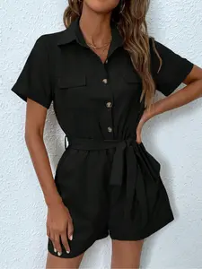 Women's Solid Button Front Belted Romper, Fitted Elegant Fashion Casual Short Sleeve Romper for Daily Outdoor Wear, Women Clothing for Summer, Shortsleeve Womenswear, Tie Waist Jumpsuit, Casual Comfy Jumpsuit