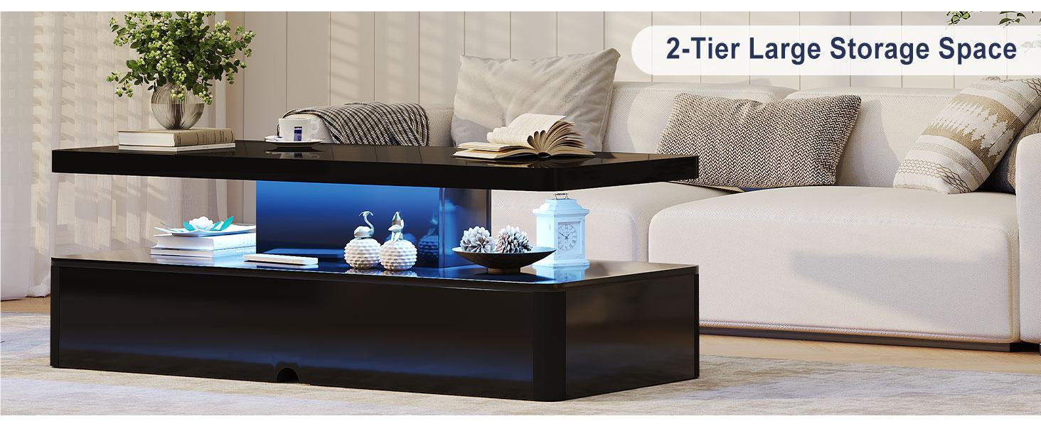 Modern Coffee Table, 40 Inches Coffee Tables with 16 Colors LED Lights, 2 Tier Rectangular Center Table, Large Storage Space, High Glossy Wooden Tea Table for Living Room, Bedroom, Office, Black
