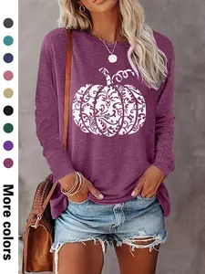Women's Halloween Pumpkin Print Long Sleeve Round Neck Casual Printed Fitted Top, Soft Comfortable Fabric, Available in 9 Colors, Womenswear