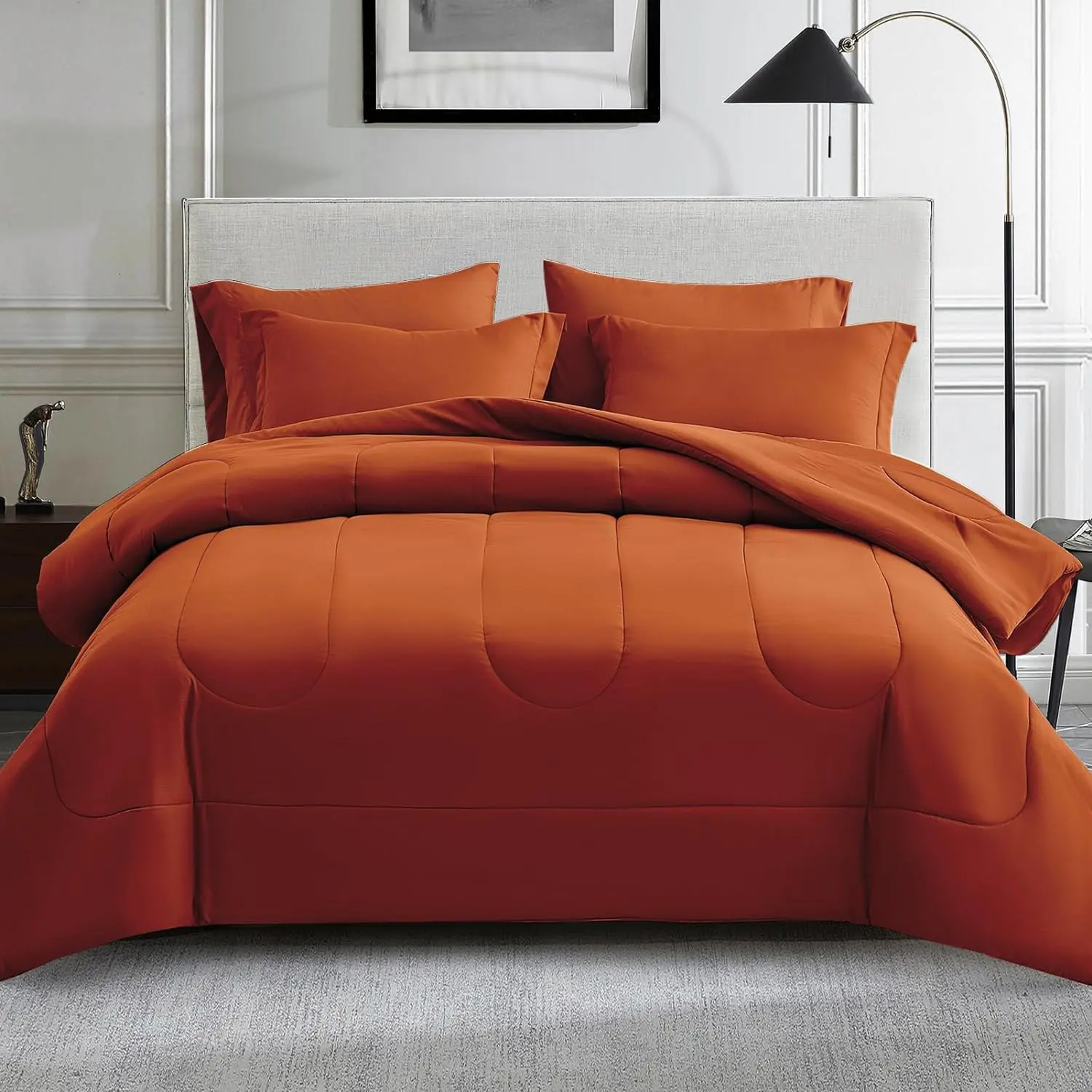 Burnt Orange Queen Size 7-Piece Bedding Set - Microfibre Down Alternative Comforter, Duvet Insert, Pillowcases, Shams, Durable, Elastic Around Edges, Machine Washable, Modern