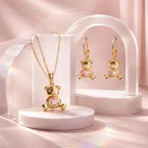 Pink Bear Necklace & Earrings Set - Gold Laminate with Sparkling Pink Gem - Playful Elegance Jewelry for Layering or Standout Look