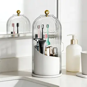 Toothbrush Holders with Sliding Lid, Rotating 3 Slots Bathroom Organizer Countertop, Tooth Brush Toothpaste Holder Bathroom Counter Stand Sink Organizer Caddy for Vanity Makeup Brushes Organizer