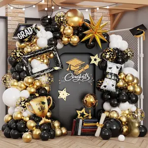 135 count Black  White Graduation Balloon Garland Arch Kit,with Explosion ,Diploma,Trophy,Grad Hat,Photo Frame Foil Balloons for Congrats Class of 2025 Graduates Celebrations Party Decoration