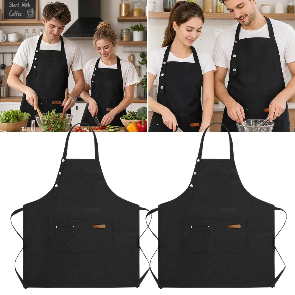 2 Pack Chef Canvas Aprons with Pockets Adjustable Strap for Men Women, Water Resistant, Work Aprons for Cooking, Kitchen, Grilling, Gardening, BBQ, Barber, Server, Painting