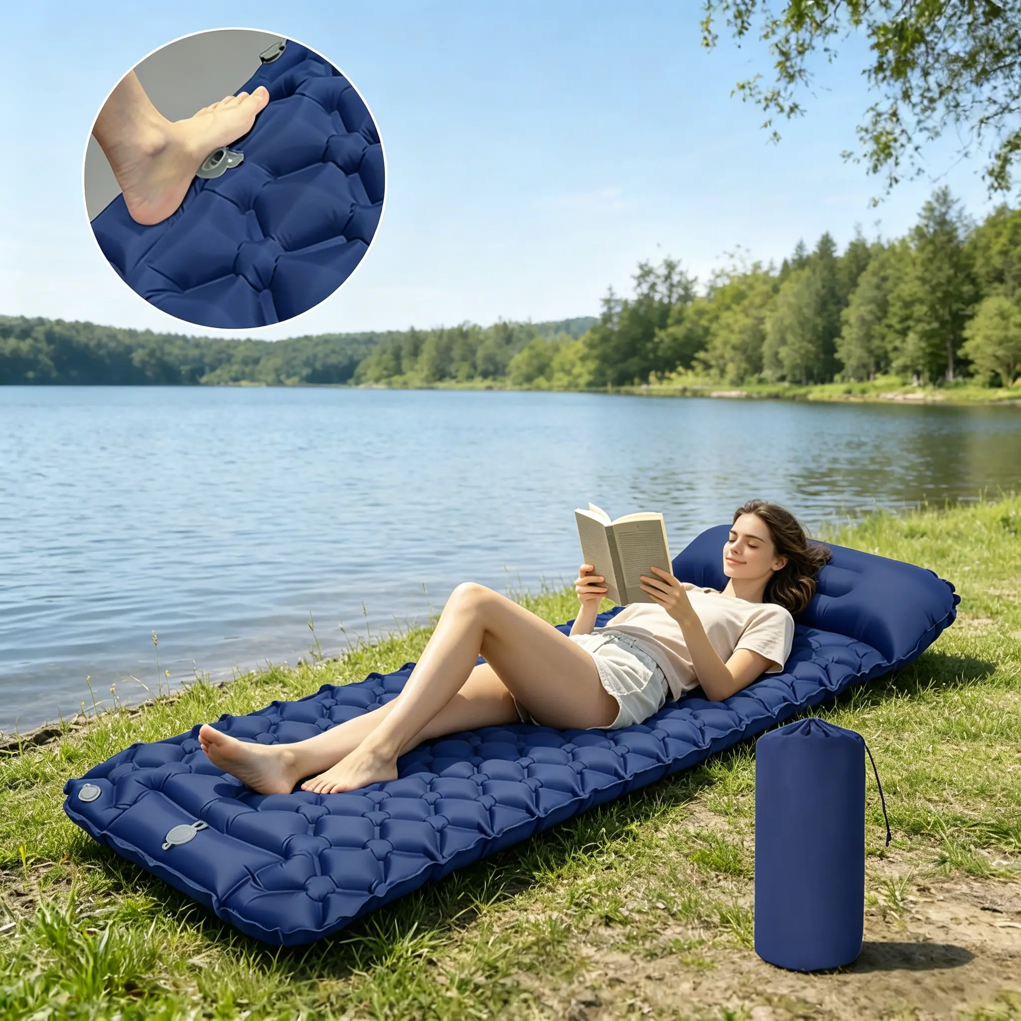 Rectangular Hiker Inflatable Sleeping Pad with TPU ft Pump, Widened & Thickened Design, Diamond Dot Anti-Slip Surface, Practical Pull Strap, Compact Foldable Ultra-Light for Camping, Backpacking Outdoor Gear, Tpu Foot Pump, Wear-Resistant