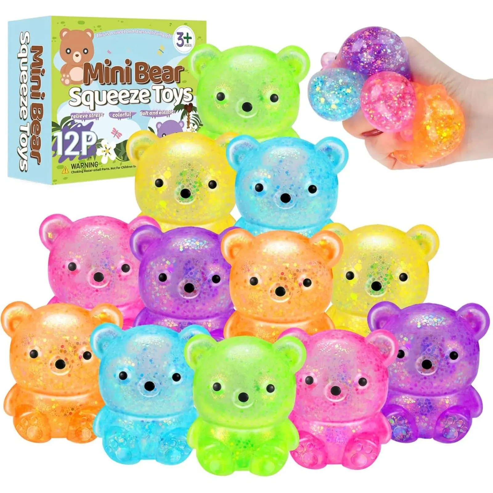 12Pack Fidget Toys Squishy ，Cute Bear Squeeze Ball , Bulk Squishy Fidget Squeeze Play Toys，Pull Stretch Classroom Prize Party Fav