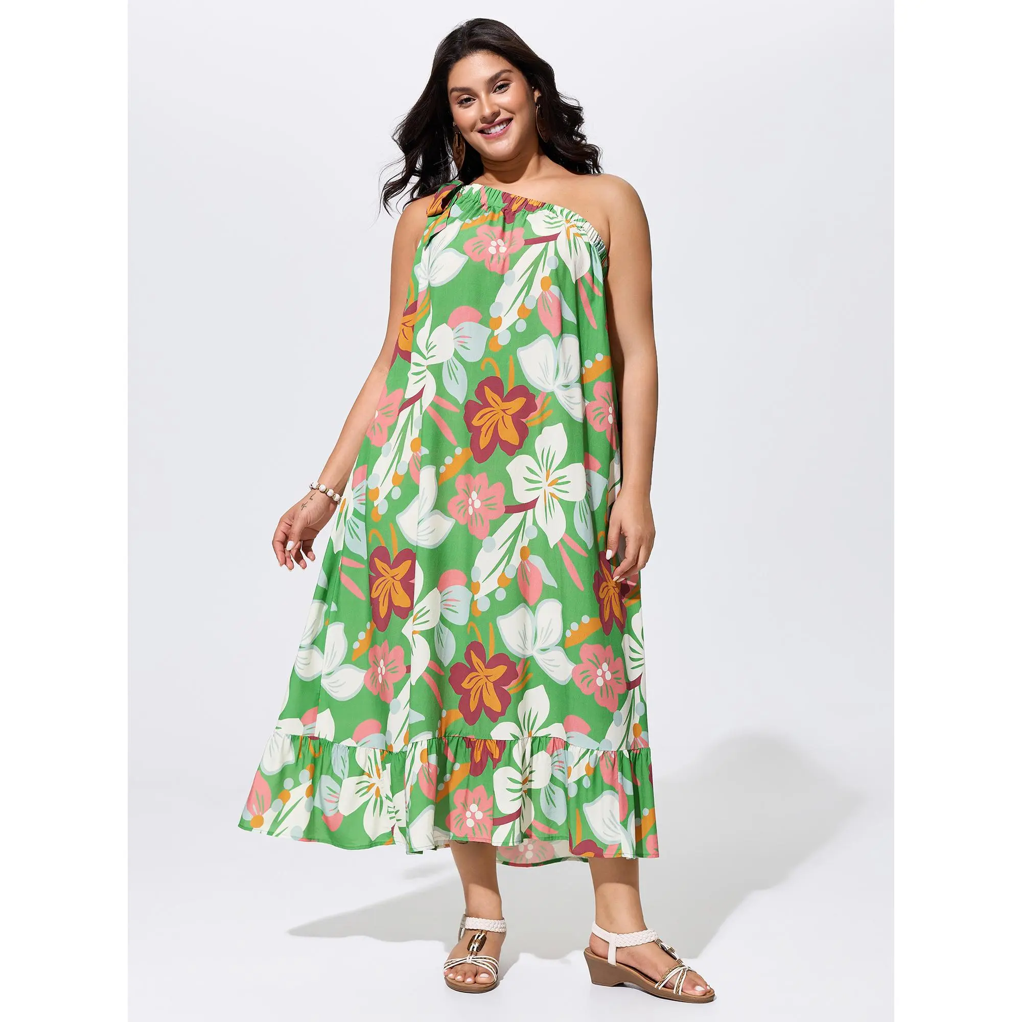Women's Bloomchic Plus Size Rayon Casual Sleeveless Colorful Floral Print 1-Shoulder Tie Maxi Dress [M-6X]Summerfinds