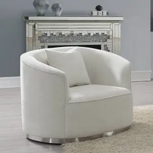 Acme LV01919 Darby Home Co Odette Beige Chenille Fabric Chair with Curved Arms & Silver Trim Base for Living Room or Dining Area