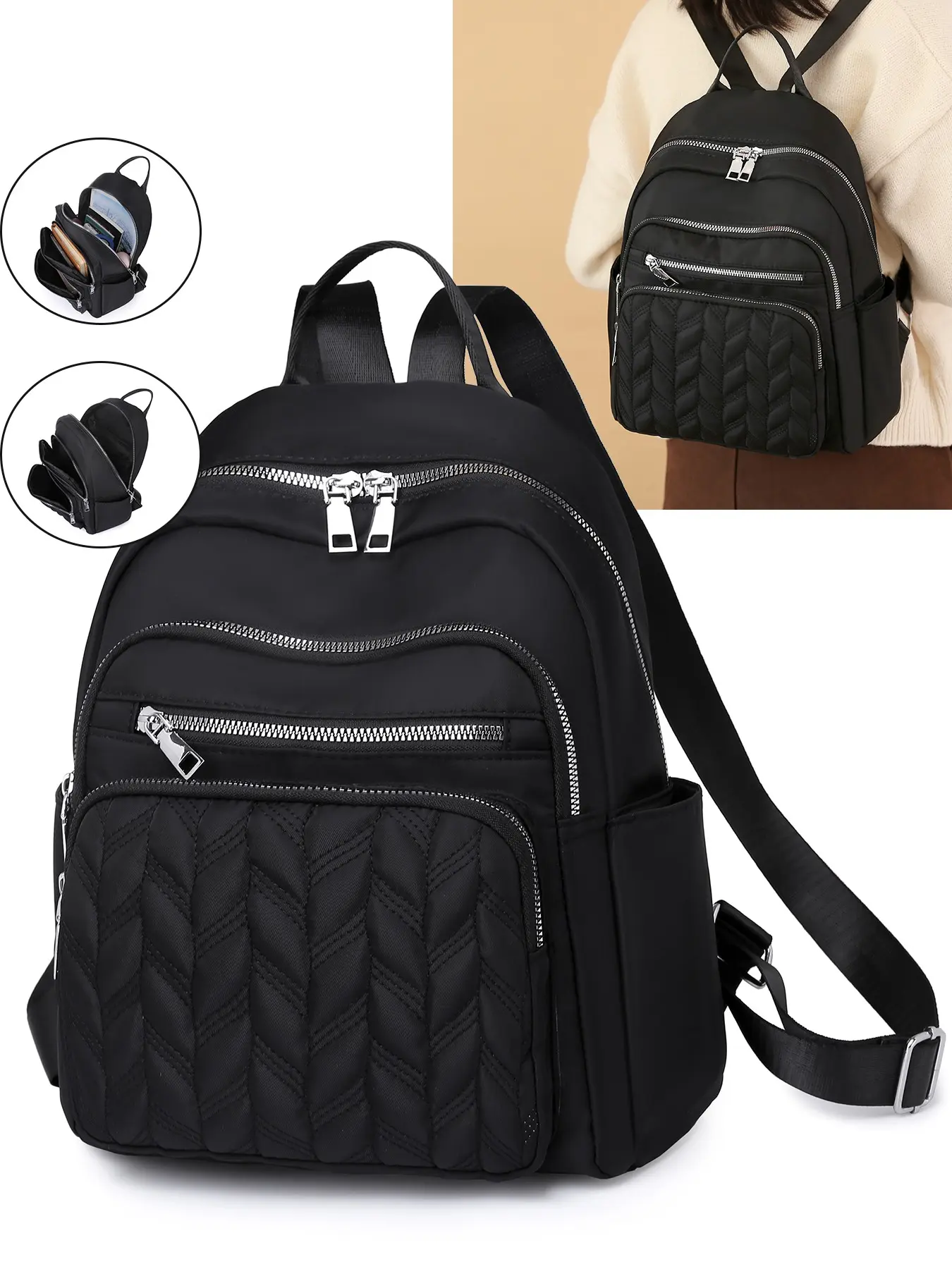Practical textured quilted checkered, casual versatile solid color, Multi compartment Casual College Backpack, with multi zipper pocket design, reasonable separation, suitable for school, travel, commuting, Travel Backpacks