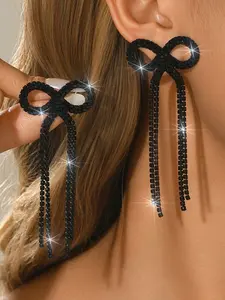 Elegant Bow Long Fringe Rhinestone High Quality Fashion Earrings for Women, Perfect for Wedding Party Holiday Wear, All Seasons Jewelry