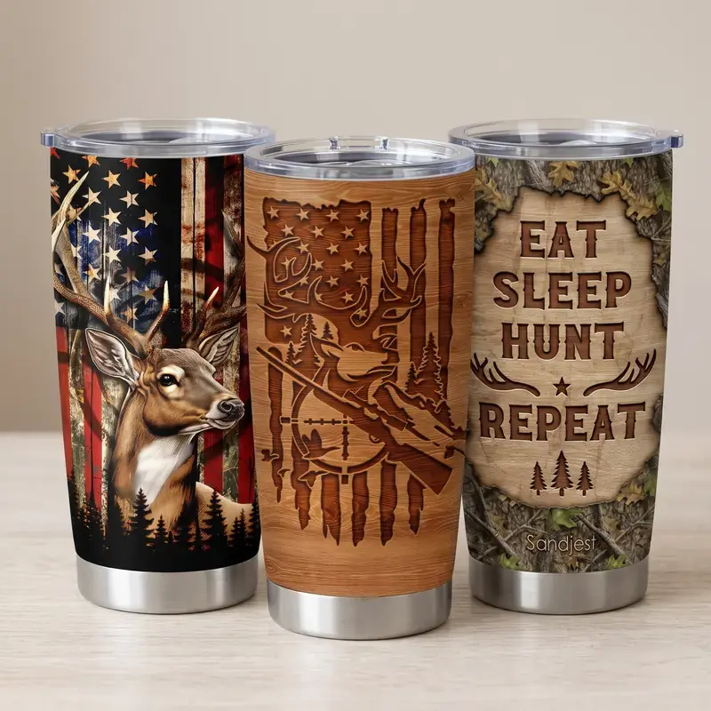 [Gift box and straw] SANDJEST Hunting 20oz Stainless Steel Coffee Tumbler with Lid, Fit in Car Holders, Portable Vacuum Flask, Perfect for Travel Camp Outdoor Activities, Gift for Men Him Dad Birthday Christmas