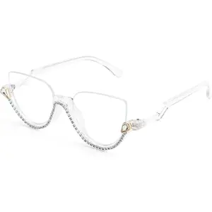 Women's blue light blocking glasses, fashionable half frame cat eye glasses with diamond inlay to prevent eye fatigue