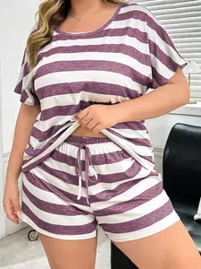 Women's Plus Size Patchwork Striped Print Casual Short Sleeve Shorts Pajama Set, Very Comfortable Outerwear Homeewear, Loungewear, Nightwear, Pyjamas, Homewear, Striped Sets, Womenswear