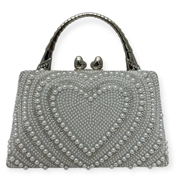 Silver Pearl Heart Clutch Handbag | Luxury Beaded Evening Bag with Top Handle