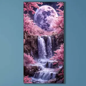 5D DIY Full Drill Round Diamond Painting - Diamond Art Craft Kit Cherry Blossom Waterfall Moon Mosaic, Canvas - DIY Wall Decor, Home Wall Decoration, Perfect for Halloween and Christmas, Independence Day, Birthday and Anniversary Gifts, Handicraft