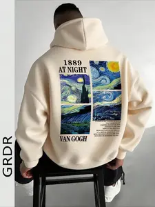 Men's Oversized Casual Loose Fit Oil Painting Print Graphic Hoodie, Long Sleeves, Fall Winter Fashion, Comfortable and Stylish Pullover Sweatshirt