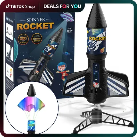 Aiencsai Acrylic Jet-Style RC Model Rocket Toy - Battery-Powered Self-Launching Spin-Launch Boost, Parachute Safe Landing, Batteries-Included Outdoor Fun Gift for 8-12 Kids (Toys for Boys, Little Boy Gifts)
