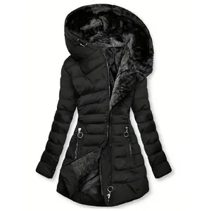 Women's Winter Warm Padded Quilted Parka Jacket - Mid-Length Hooded Coat with , Long Sleeves & Pockets, European/American Style Outerwear for Cold Weather, Y2K Fashion (Solid Color)