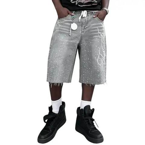 Men's High-Waist Oversize Distressed Gradient Raw Denim Jeans - Stud Rhinestone Pocket, Letter-Embroidered Hems, 90s Retro Fashion Streetwear, Button Fly, Breathable, Knee-Length, All-Season Daily Wear, Father’s Day/Thanksgiving Gift, Size M Vintage Grey