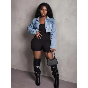 Women Distressed Raw Hem Cropped Denim Jacket, Long Sleeve