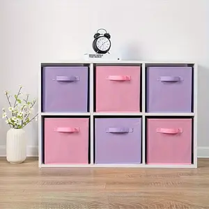 6pcs Non-woven Fabric Drawer Style Clothes Storage Box, Pink and Purple Color Block Folding Storage Bin with Carrying Handle For Organizing Clothes, Toys, Files, Macaron Colo, Lovely Home Decor