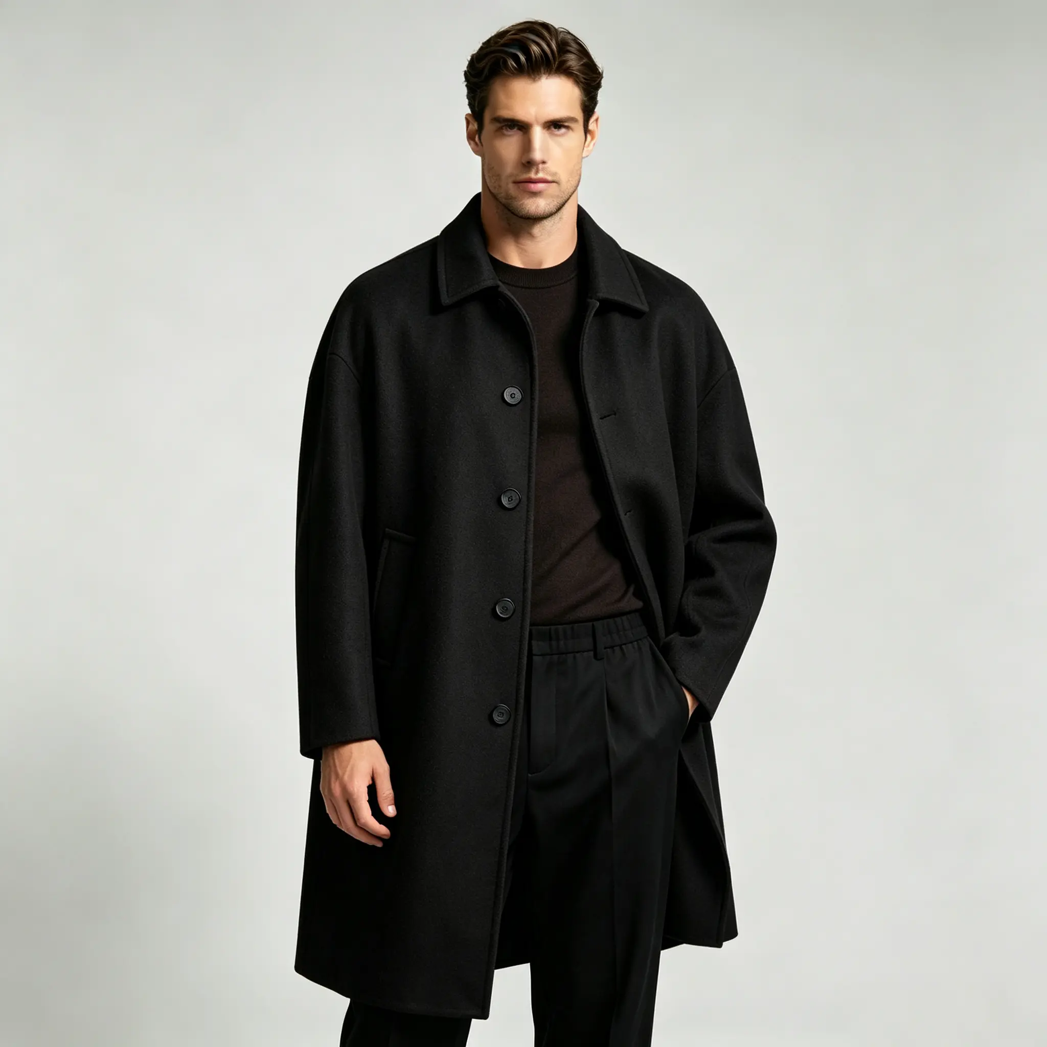Men’s vintage loose drop-shoulder long wool coat for autumn/winter, single-breasted lapel commuter over-the-knee outerwear, thickened warm wool trench coat