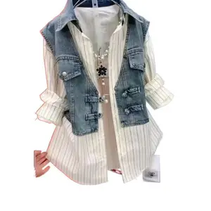 Women’s striped denim jacket shirt for spring and summer, featuring a new denim patchwork design and a faux two-piece look GARMENTARY