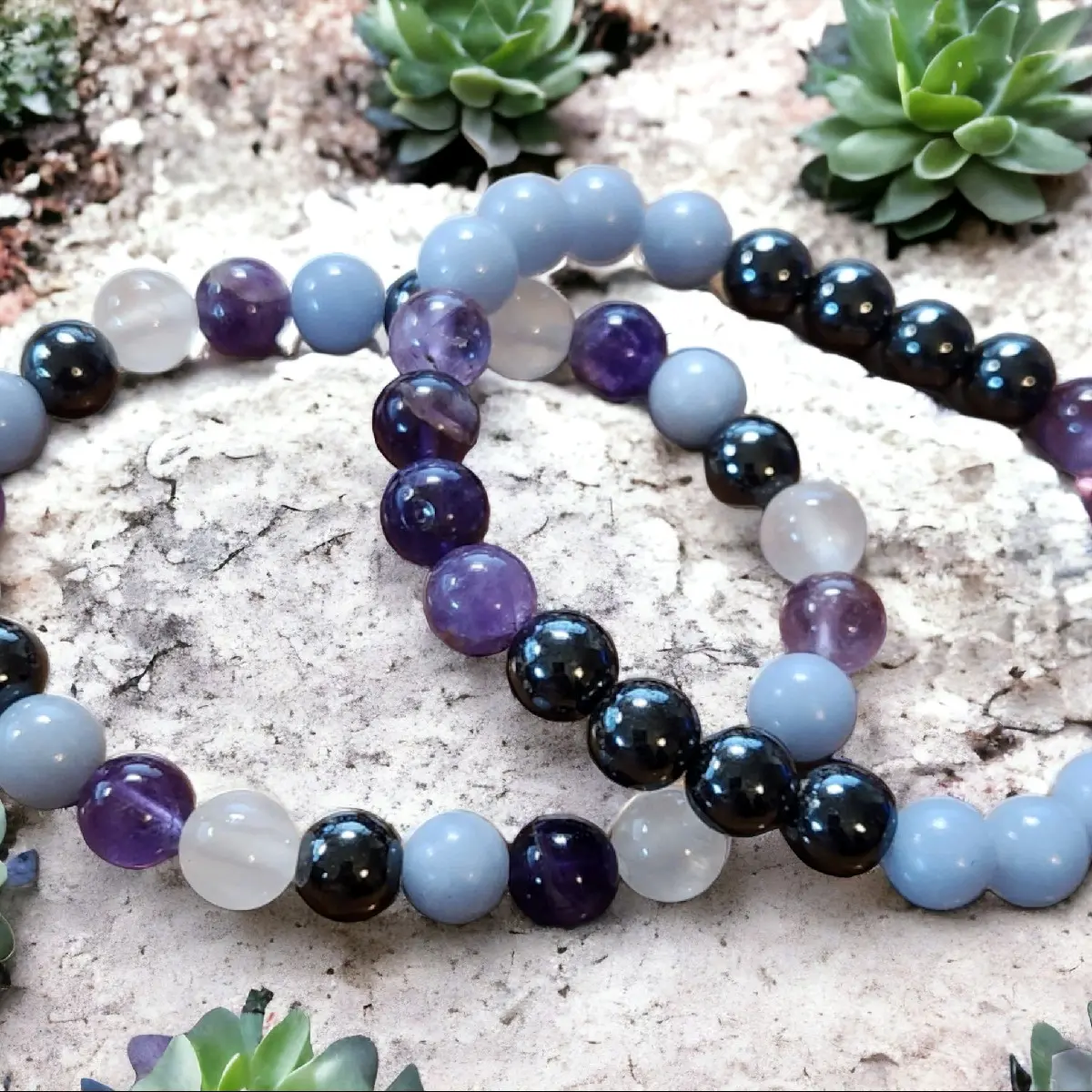 Angel Protection Bracelets infused with Angelite, Amethyst, Hematite & Selenite