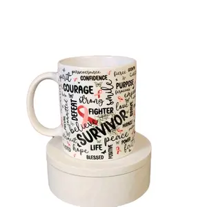 Cancer Support Coffee Mugs 11oz White Ceramic Sublimation Mugs with Inspirational Words and Pink Ribbon Design New Item