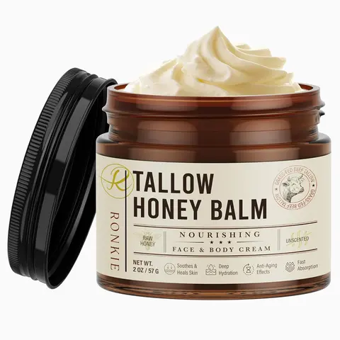 Grass-Fed Tallow & Raw Honey Olive Balm - Unscented, Gentle, Hydrating Vitamins-Infused Daily Body Care Moisturizer, 2oz Nourishing Pure Care Smooth Face & Body Night Cream for Sensitive Dry Skin Gift Option