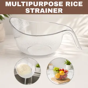 Aesthetic Multifunctional Rice Strainer with Handle - Sturdy BPA-Free Transparent Plastic Kitchen Utensils, Colander for Draining Vegetables, Fruits, Cheese, Coffee Dispenser Set