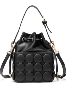 Trendy Small Drawstring Crossbody Bag for Women Unique Round Buckle Shoulder Handbag Stylish Minimalist Bucket Bag Lightweight Daily Casual Travel Bag