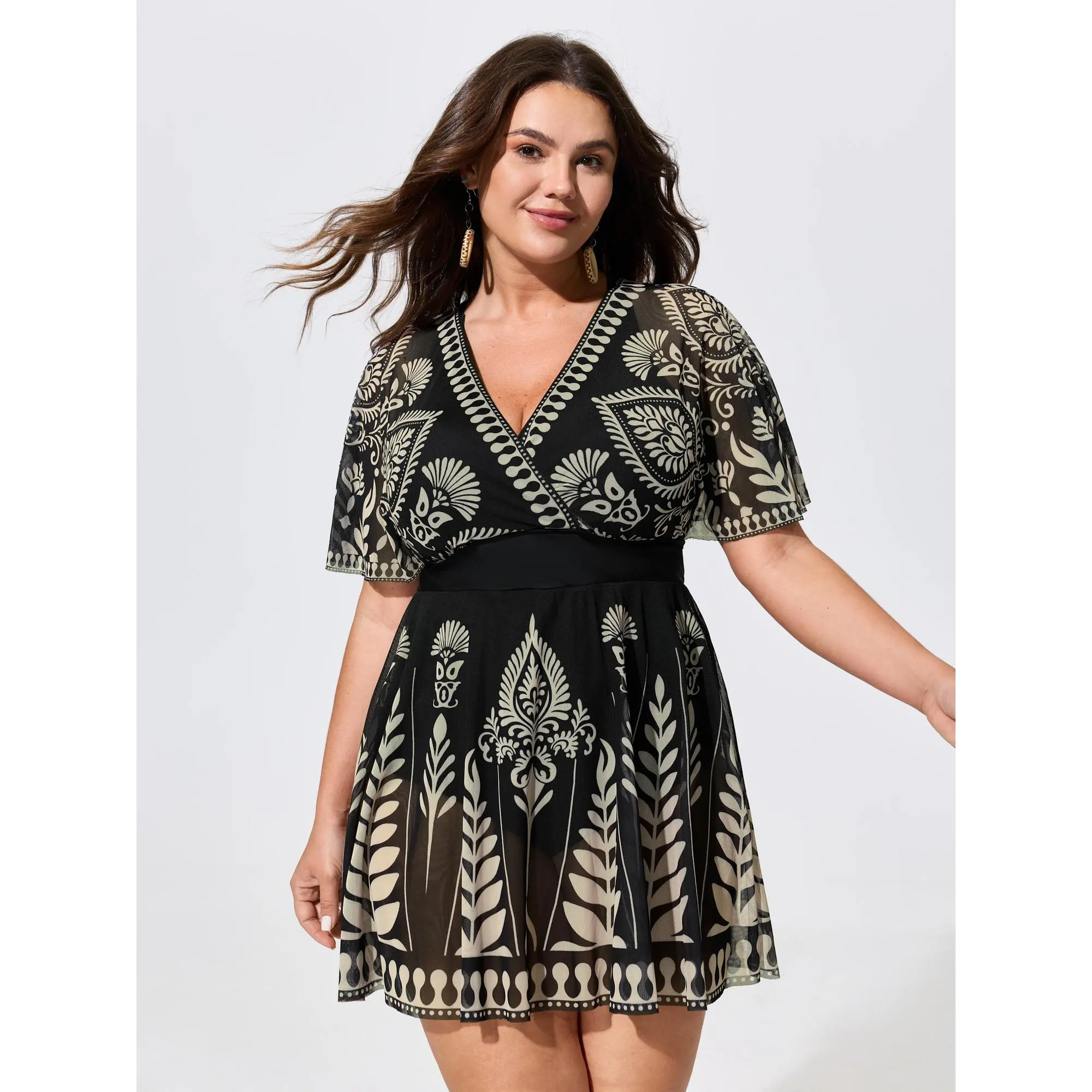 BloomChic Plus Size Sheer Boho Botanical Swim Dress in Polyester Synthetics, Summer Swimwear with Padded Chest and No-pocket Detail, Tunic, Built-In Bikini, Cold Wash, Machine Washable, Swimdress, Beach Swimwear Clothes, Bathing Suit, One Piece Swimsuits