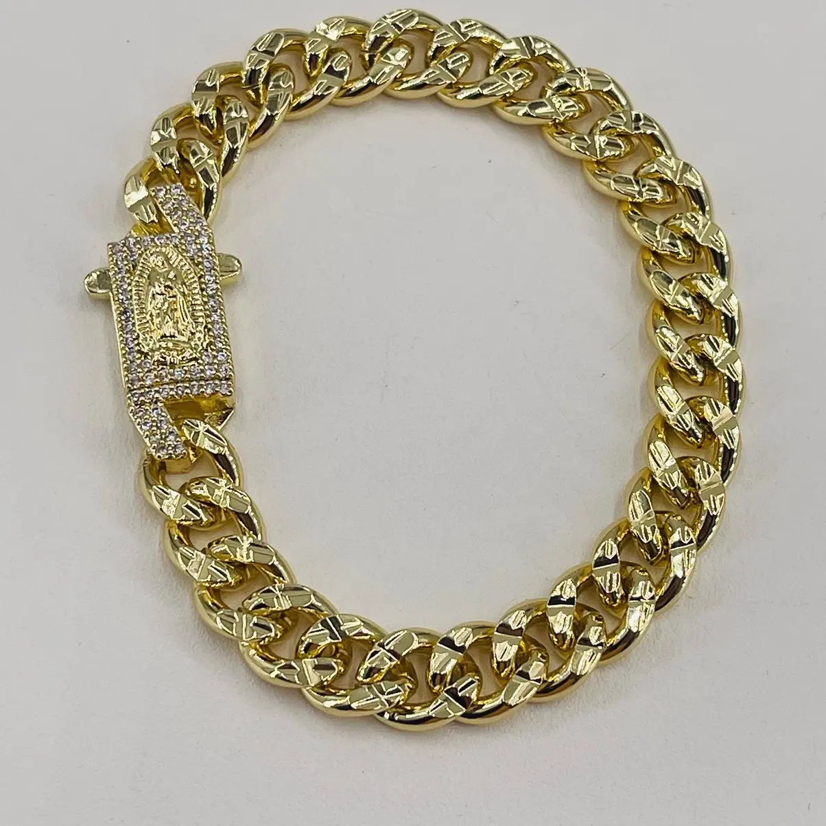 Cuban Chain Bracelet with Virgin of Guadalupe Image Rhinestone Diamond Embellishments for Women Men 7.5 Inch Daily Wear