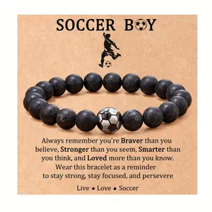 Soccer Boy Beaded Bracelet with Sports Charm Elastic Black Bead Wristband for Football Fans Adjustable Bracelet for Soccer Players and Enthusiasts Sports Team Jewelry Gift