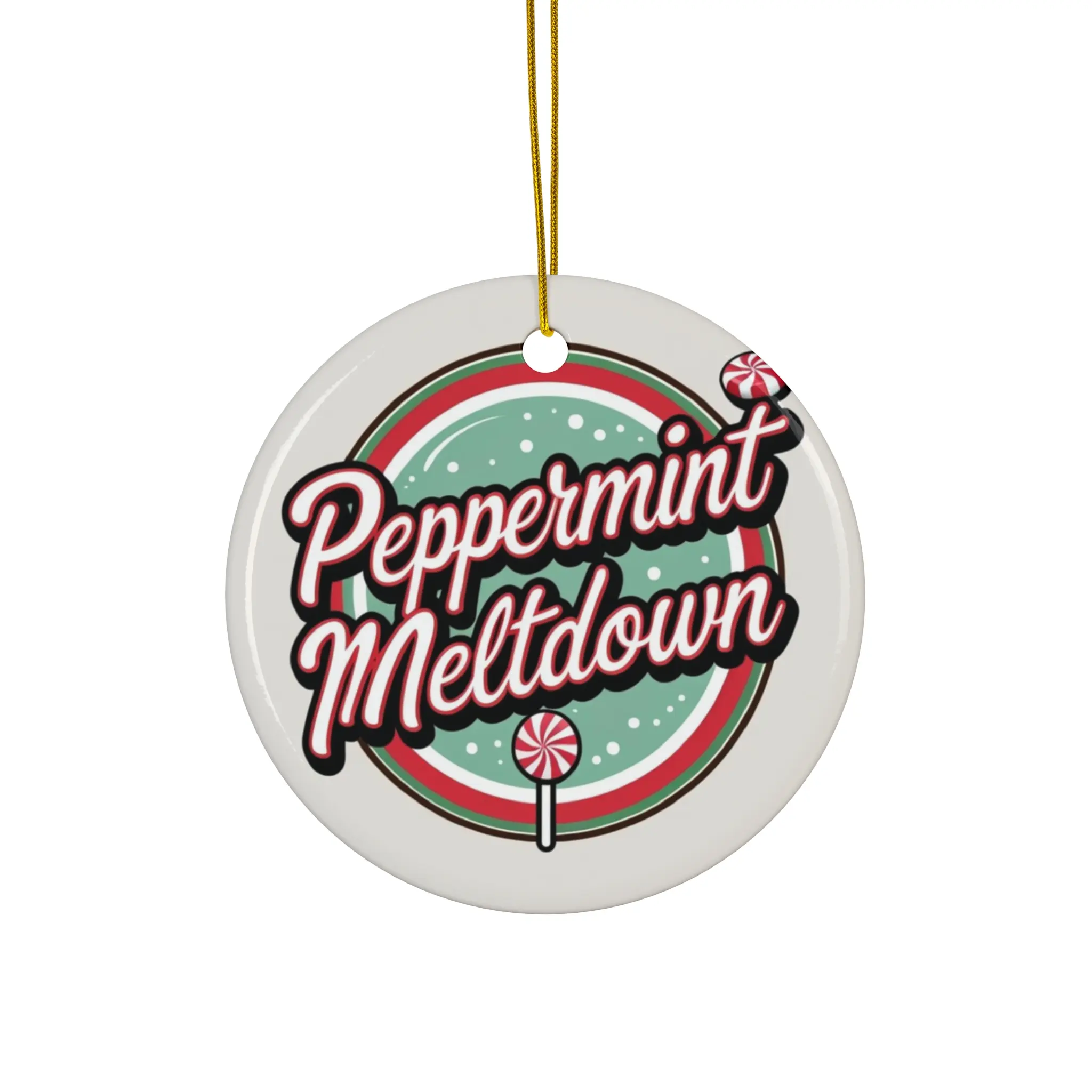 Peppermint Meltdown Holiday Ceramic Ornament, Christmas Decor, Funny Gift, Personalized Tree Ornament, Festive Home Decoration
