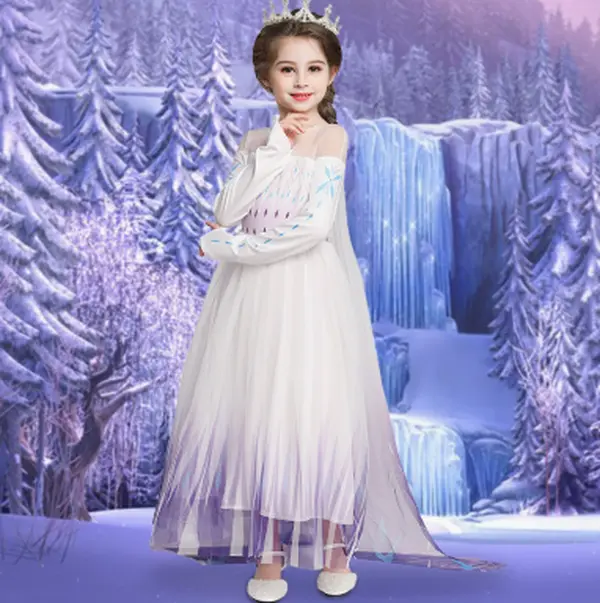 Girls Elsa Princess Maxi Dress With Long Cape, Off‑Shoulder Long Sleeve Gradient Tulle Gown, Kids Ice Crystal Print Costume for Halloween Birthday Party Role‑Play